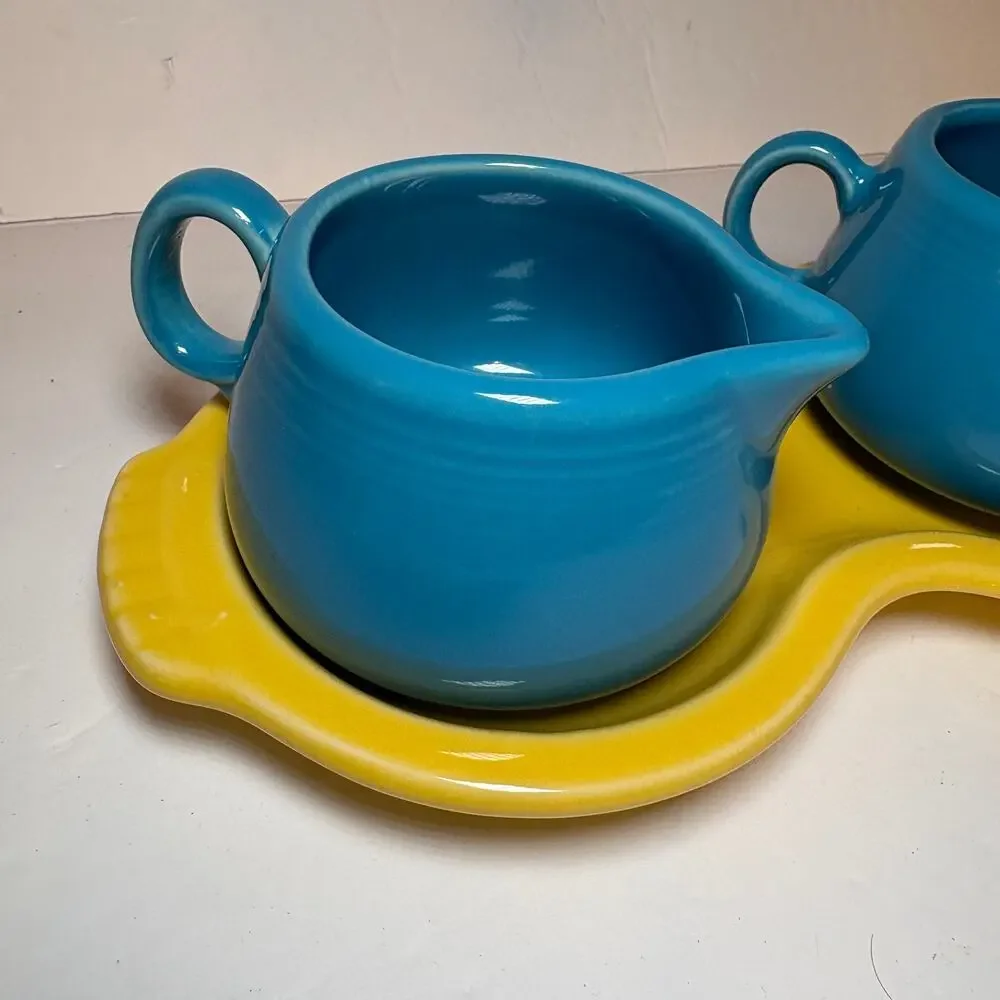 Fiesta Fiestaware Sugar & Creamer Set w Figure 8 Tray Yellow & Blue Mix n Match